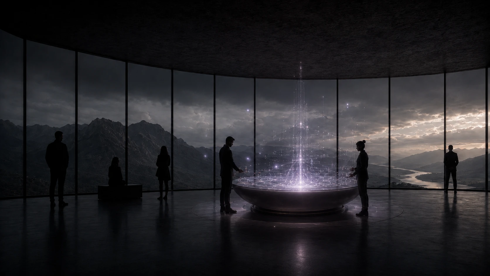 A small team gathered around a glowing network model in a curved room overlooking a mountain valley and river at dusk