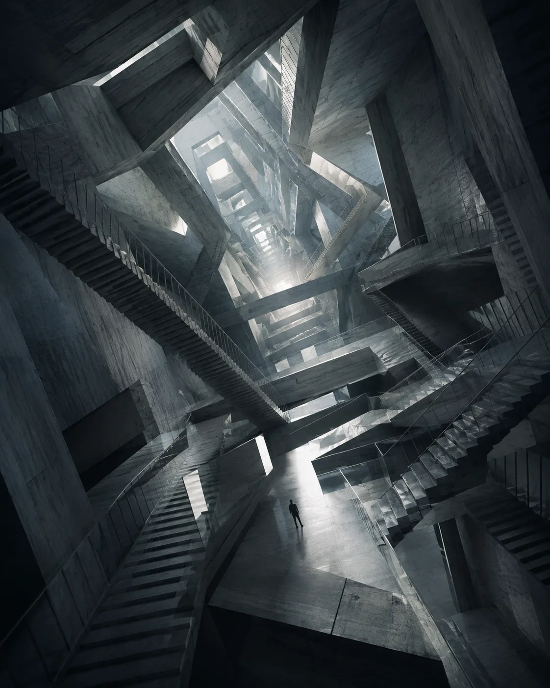 A lone figure standing within a vast, complex architectural structure of interlocking stairways and beams