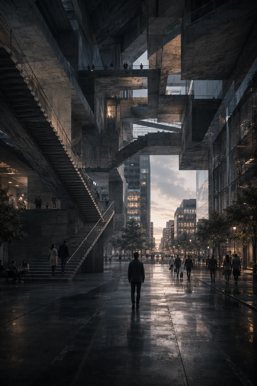 A figure walking from a monumental architectural passage into a busy city street full of people