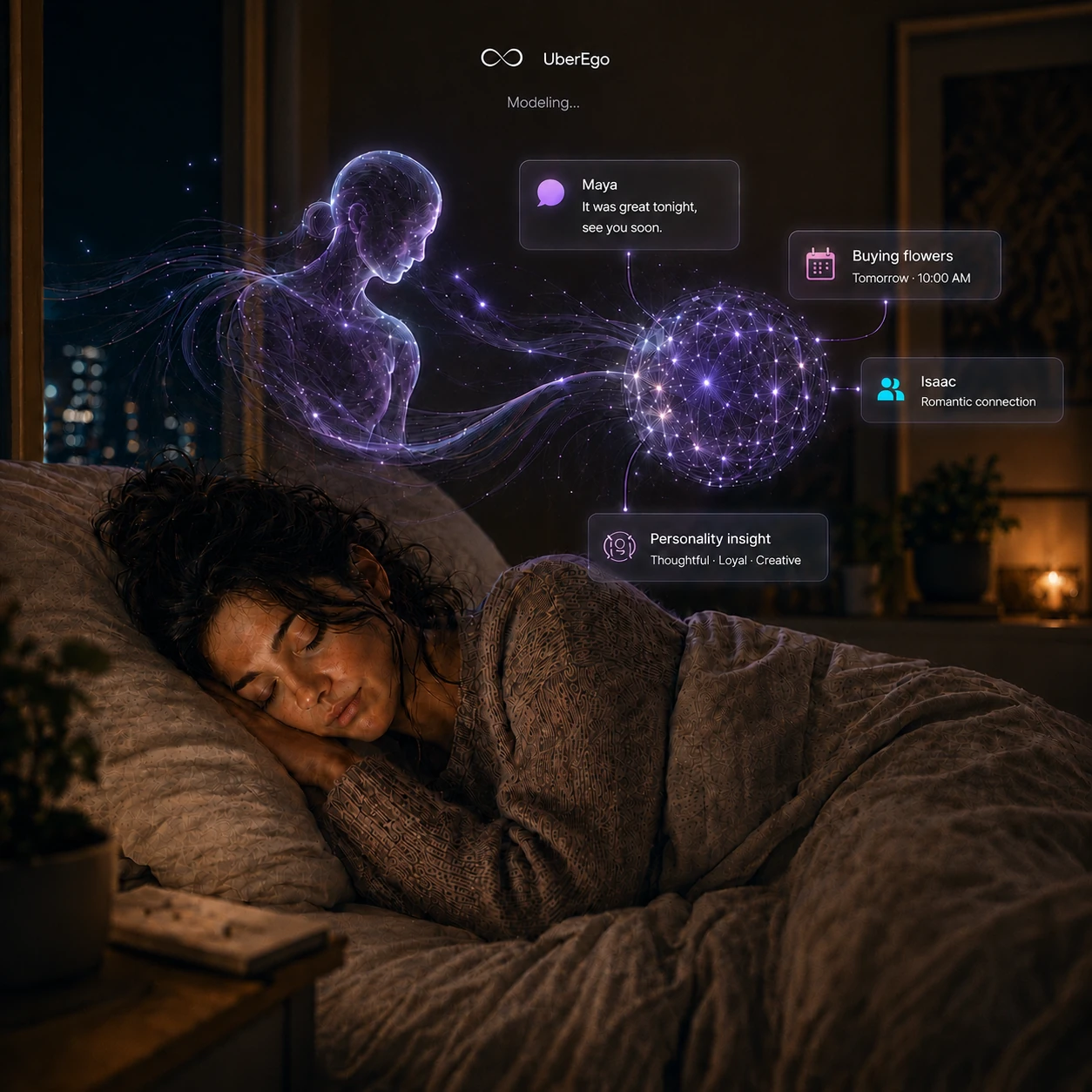 A sleeping woman with a glowing figure above her representing UberEgo modeling her messages, plans, relationships, and personality into one picture