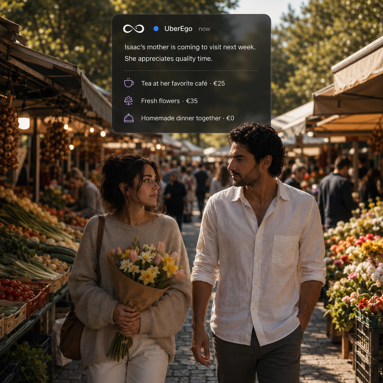 A couple at an outdoor market with a UberEgo notification suggesting ways to spend quality time with a visiting parent