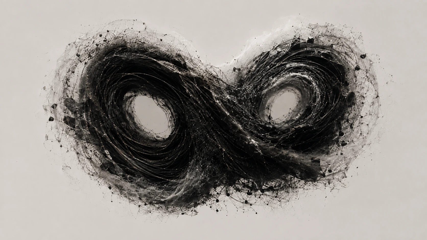 Two swirling vortices of dark, thread-like particle trails forming an infinity shape against a pale background